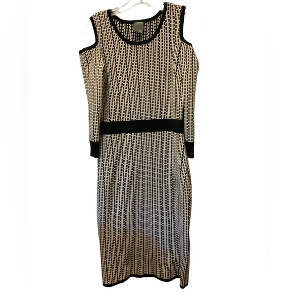 Taylor Women’s Dress Sz M Shoulder Cut 3/4 Sleeve  Stretch Black Beige - Picture 1 of 4